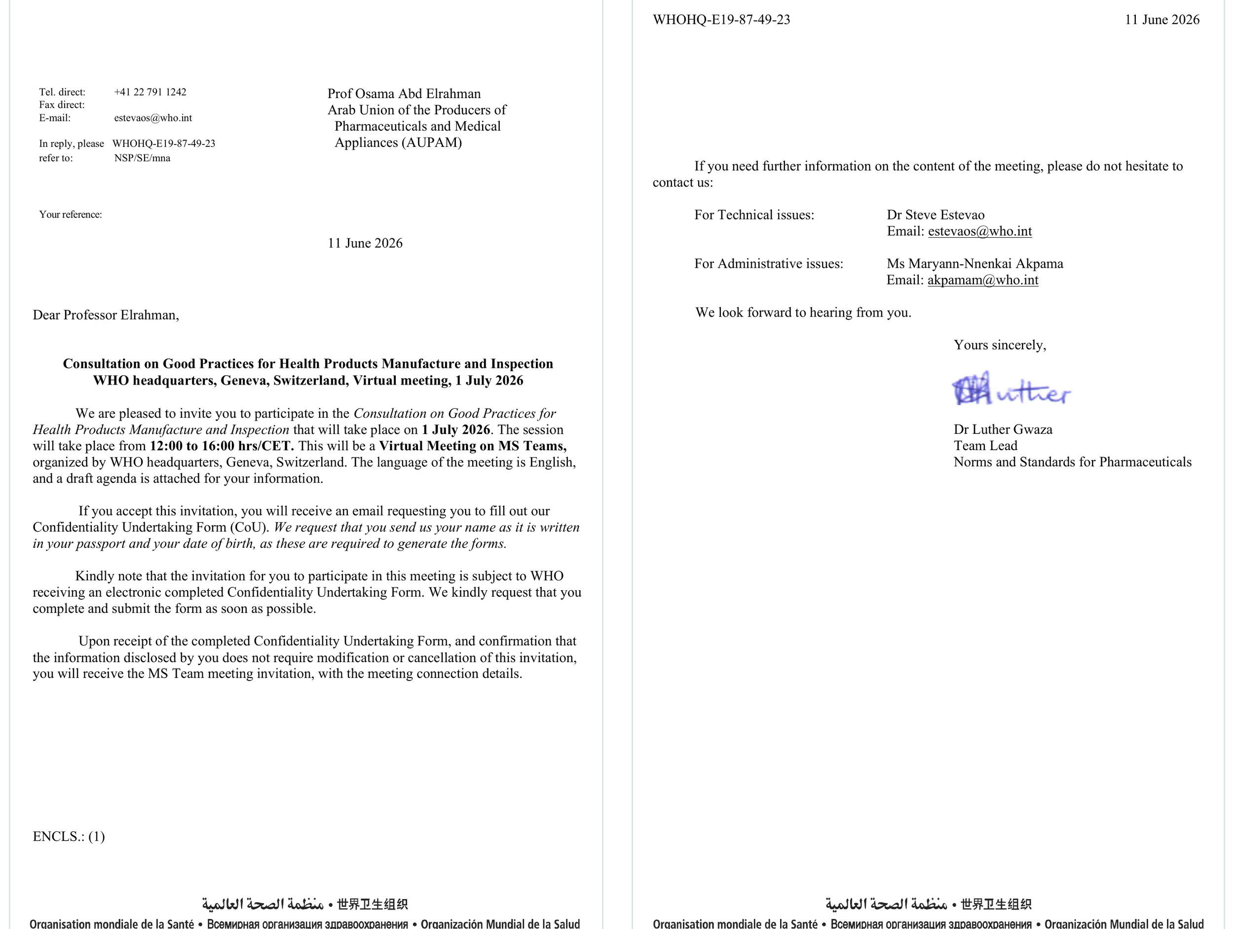 WHO Geneva letter of invitation to AUPAM, 11 June 2026
