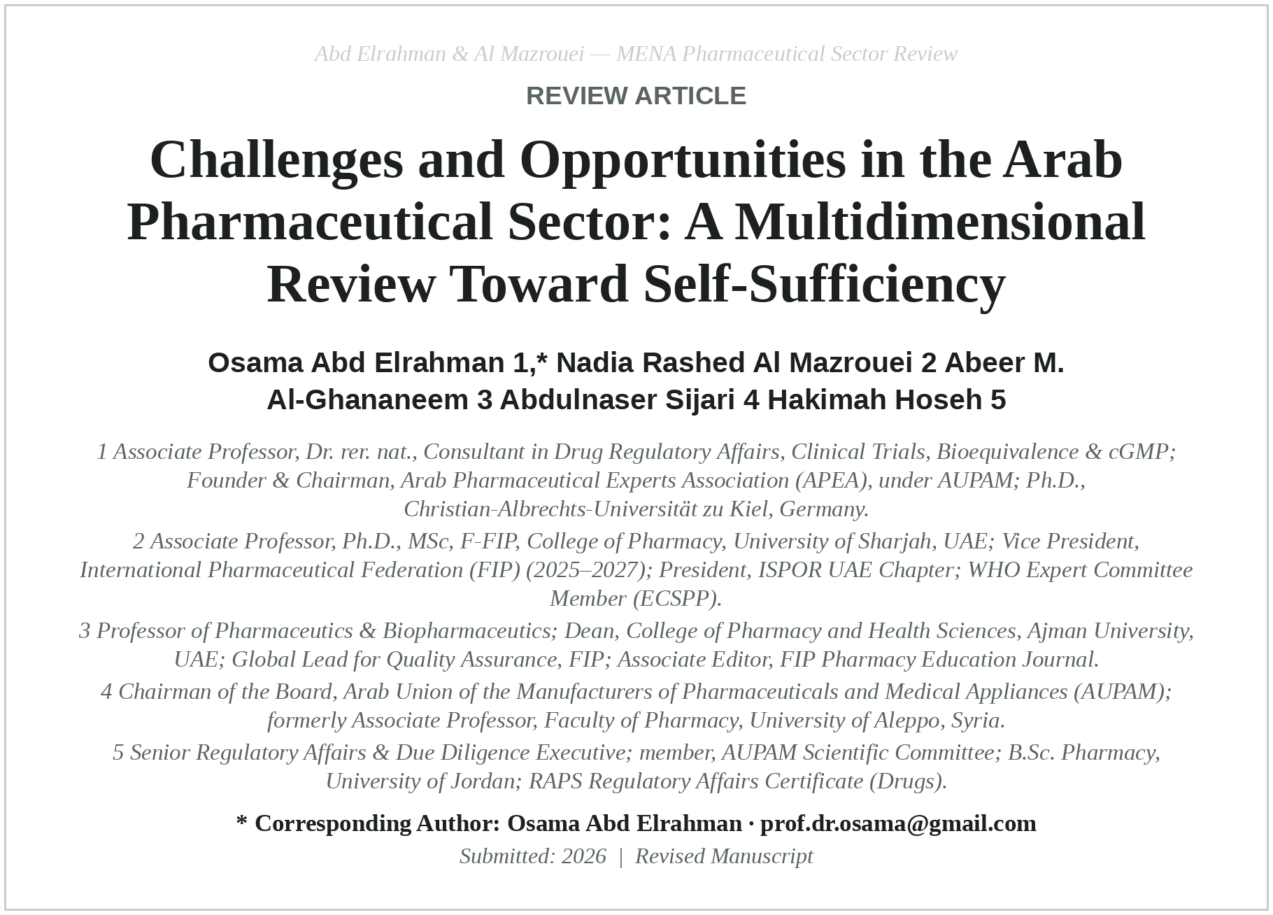 Review article: Challenges and Opportunities in the Arab Pharmaceutical Sector