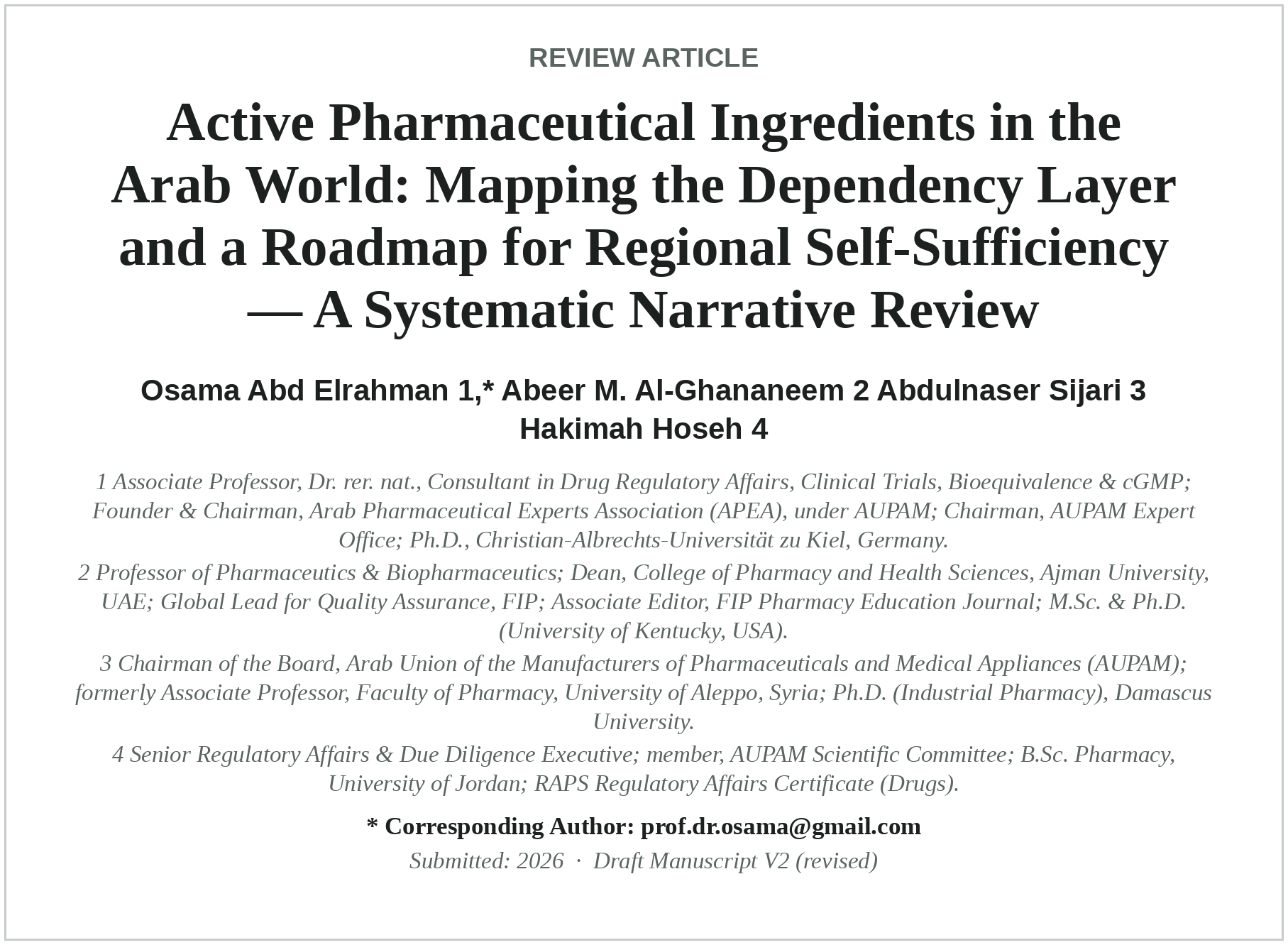 Review article: Active Pharmaceutical Ingredients in the Arab World